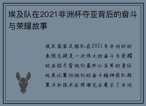 埃及队在2021非洲杯夺亚背后的奋斗与荣耀故事