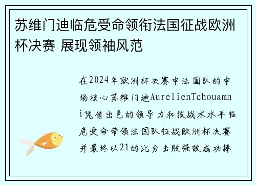 苏维门迪临危受命领衔法国征战欧洲杯决赛 展现领袖风范