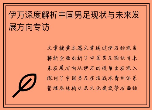 伊万深度解析中国男足现状与未来发展方向专访
